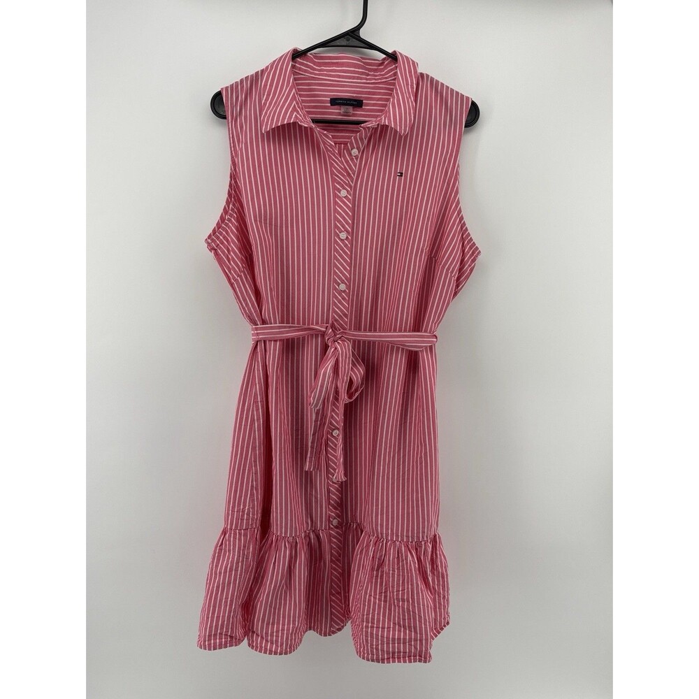 Tommy Hilfiger Women’s Size 14 Pink White Striped Sleeveless Shirt Dress